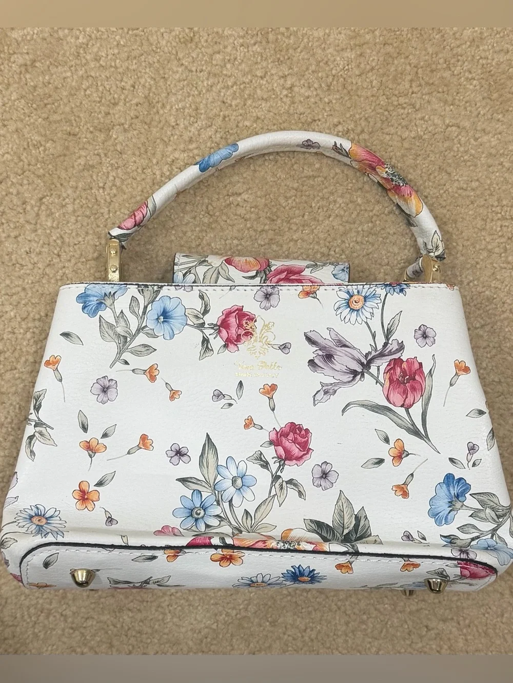 Vera Pelle Made in Italy Floral Leather Top Handle Handbag White Botanical Purse